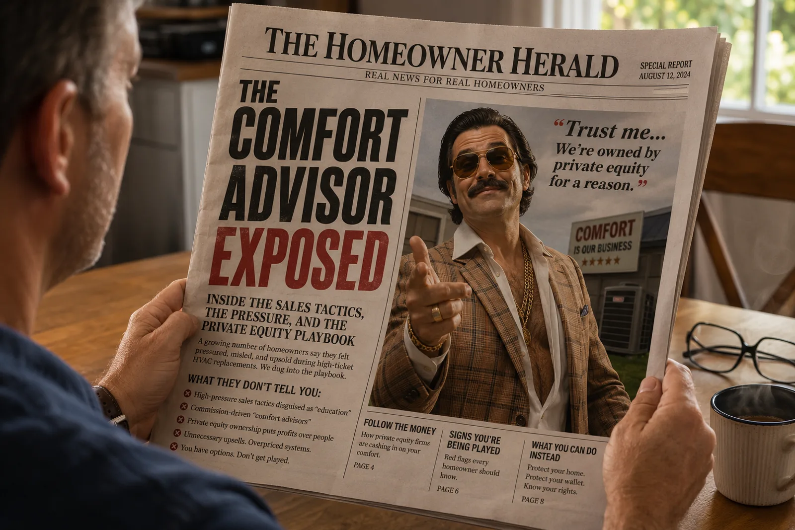 Front-page exposé: The Comfort Advisor Exposed — a homeowner reading The Homeowner Herald