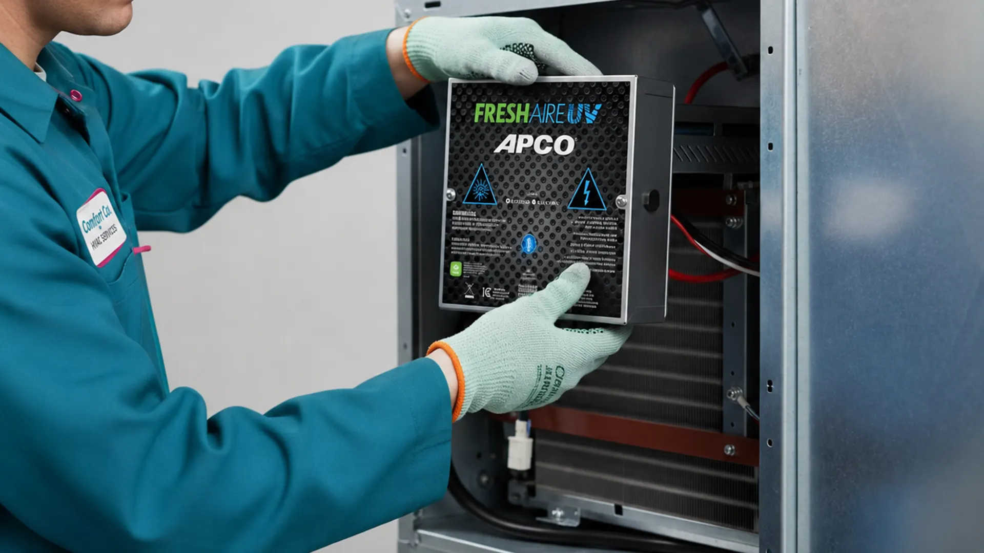A technician installing a Fresh-Aire UV APCO unit into a home air handler